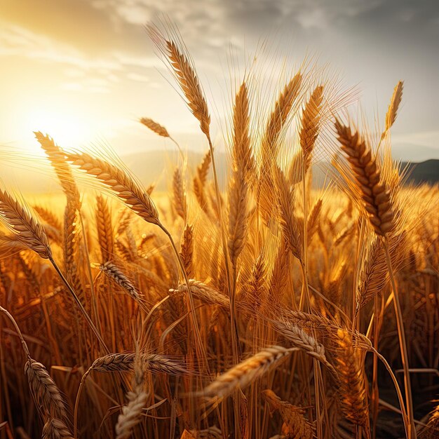 un champ de blé avec le soleil qui se couche derrière lui