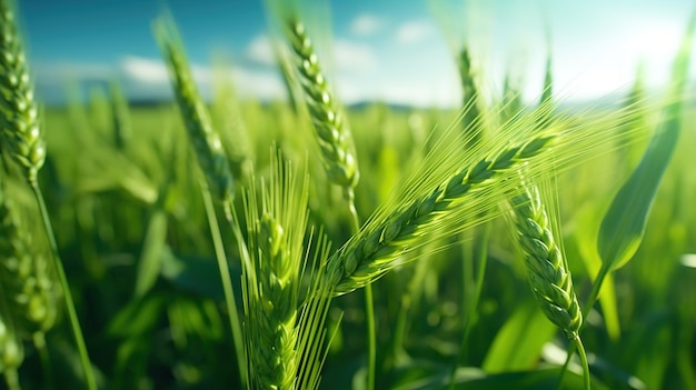 Champ de blé vert avec un ciel bleu en arrière-plan