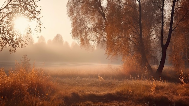 un champ brumeux avec des arbres et de l'herbe