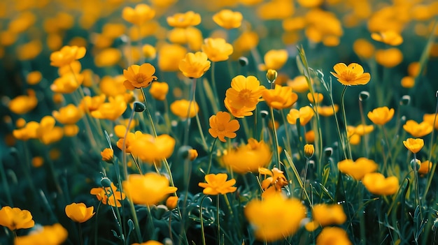 Un champ de buttercups jaunes avec une profondeur de champ peu profonde Les buttercups sont en focus tandis que l'arrière-plan est flou