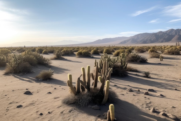 Champ de cactus au milieu du désert avec des dunes de sable en arrière-plan