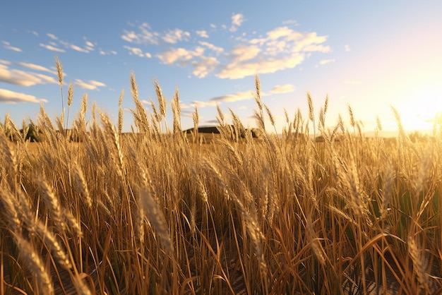 Un champ de céréales avec des épis au premier plan