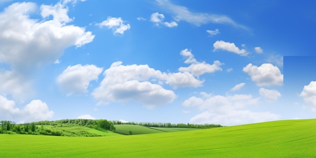 Un champ avec un ciel bleu et des nuages