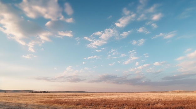 Un champ avec un ciel bleu et des nuages