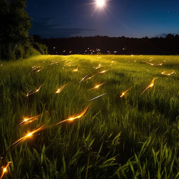 Photo un champ avec un ciel étoilé et de l'herbe avec la lune en arrière-plan.