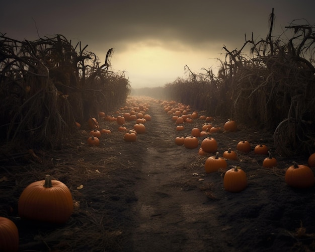 Photo champ de citrouilles arafé dans un champ de maïs avec un ciel brumeux ai générative