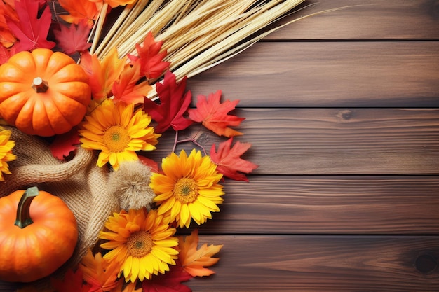 un champ de citrouilles avec des feuilles et des fleurs d'automne sur un fond en bois.