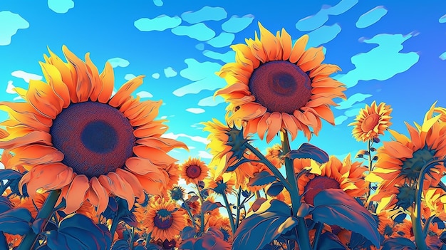 Champ coloré et lumineux de tournesols avec ciel bleu AI générative