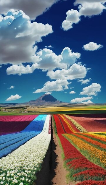 Un champ coloré de tulipes avec une montagne en arrière-plan.