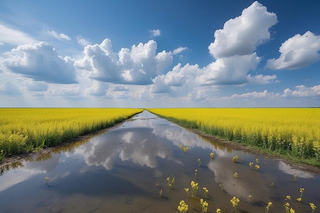 Le champ de colza, les nuages, les flaques d'eau, l'horizon du ciel bleu, une vue magnifique, l'éco-carburant.