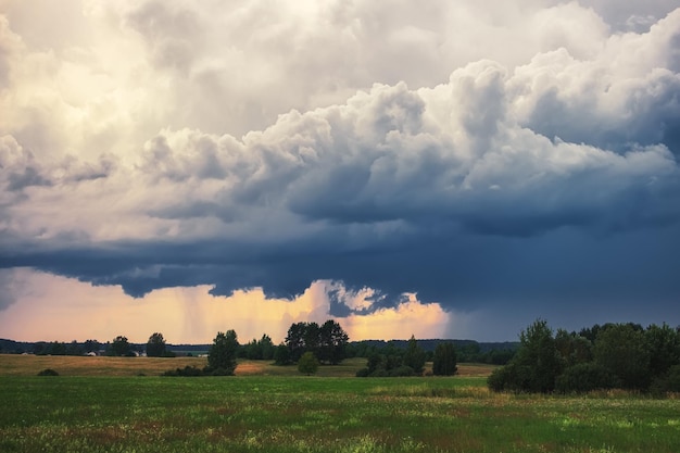 Champ contre ciel orageux avec des nuages sombres. Paysage d'été rural naturel avant l'orage.