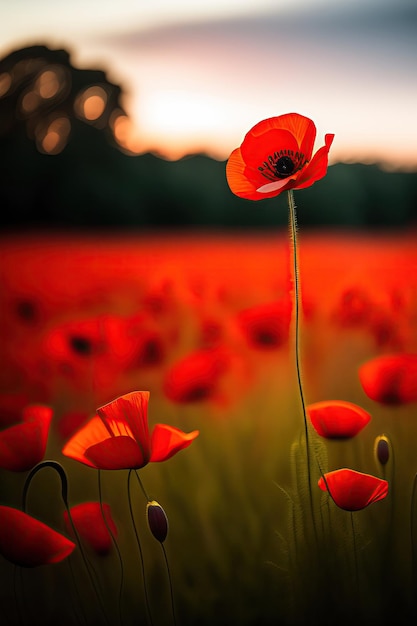 Champ d'un coquelicot rouge en fleurs