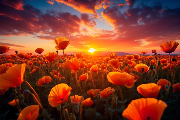 Un champ de coquelicots au coucher du soleil Un champ de Coquelicots en fleurs