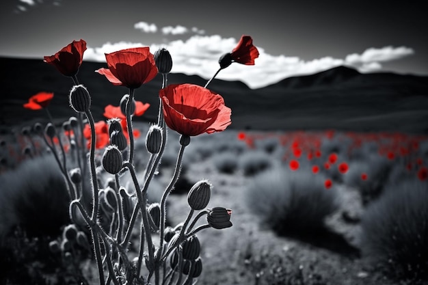 Un champ de coquelicots dans le désert avec des montagnes en arrière-plan.