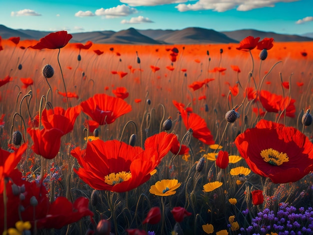 Photo un champ de coquelicots sauvages en pleine floraison