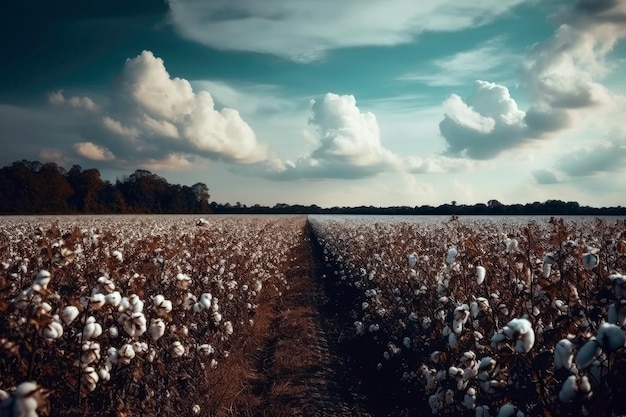 Champ de coton avec ciel nuageux dans le style des paysages ruraux et de la beauté naturelle IA générative