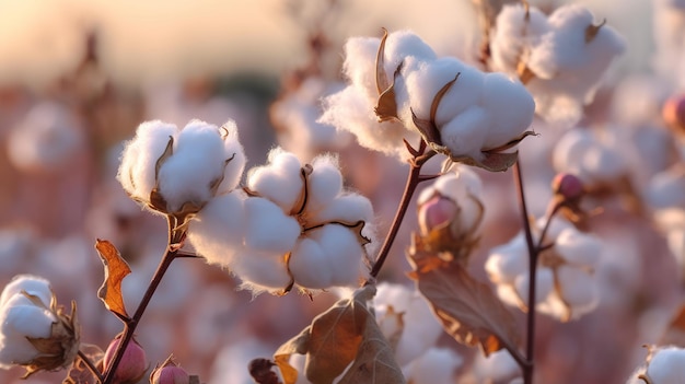 Champ de coton avec un ciel rose en arrière-plan