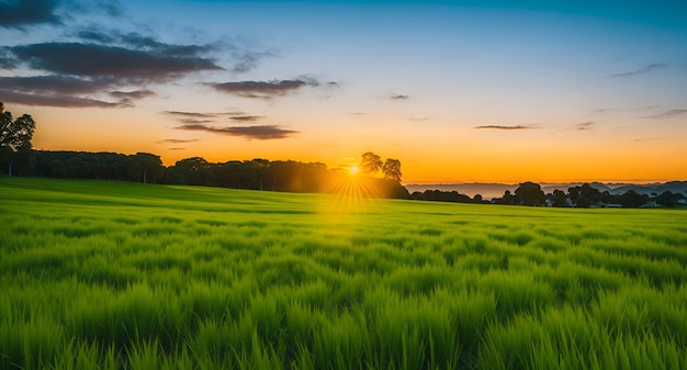 Un champ avec un coucher de soleil en arrière-plan