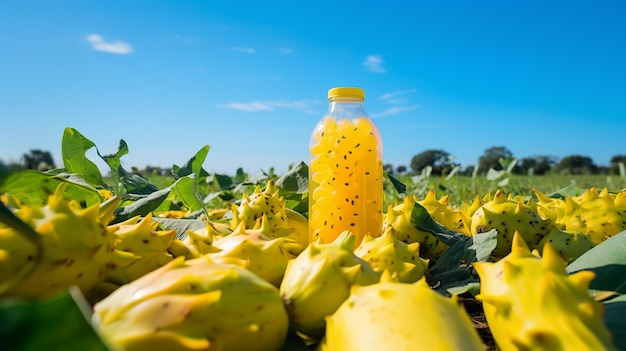 un champ de courge jaune mûre avec une bouteille de jus d'orange en arrière-plan.