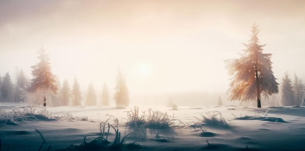 Un champ couvert de neige avec des arbres et une lumière à l'horizon