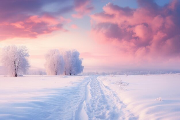 un champ couvert de neige avec des arbres et des nuages en arrière-plan