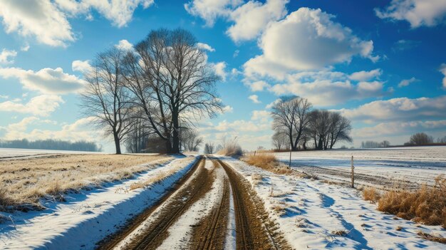 Un champ couvert de neige avec des arbres et une route de terre