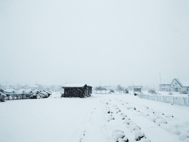 Un champ couvert de neige avec une maison en arrière-plan et une clôture en arrière-plan.