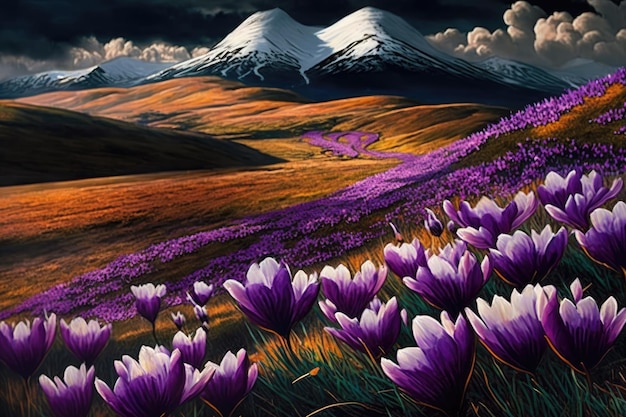 Un champ de crocus en pleine floraison entouré de collines