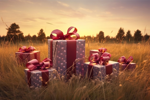 Un champ dans lequel poussent des cadeaux avec des arcs