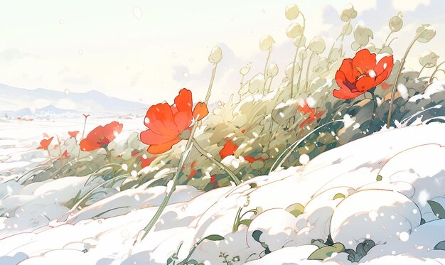 Champ dans la neige fleurs rouges coquelicots prairie champ montagnes Alpes