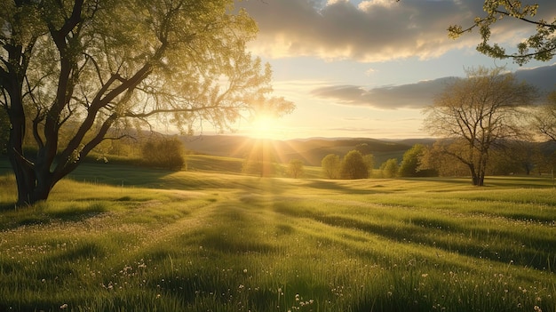 Le champ dans les rayons de l'aube la nature les arbres la forêt l'air la relaxation le soleil le temps le village les vacances le week-end la thérapie le sommeil romantique précoce les collines générées par l'IA