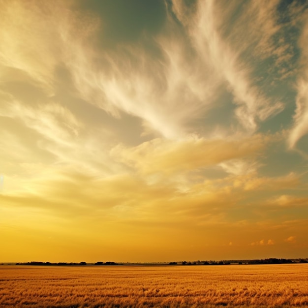 Un champ doré avec un ciel nuageux et quelques nuages