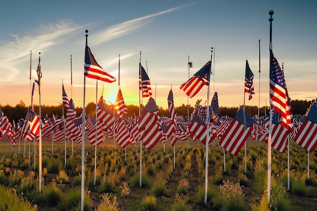 Un champ de drapeaux américains avec le soleil couchant derrière eux