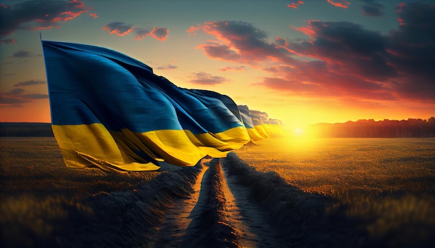 Champ de drapeaux ukrainiens au coucher du soleil Générer Ai