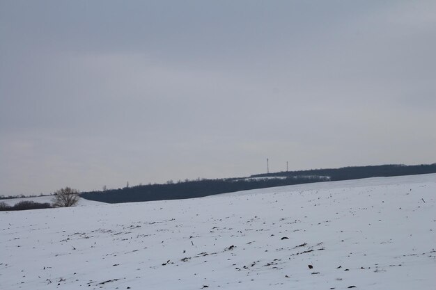 Photo un champ enneigé avec un pont au loin
