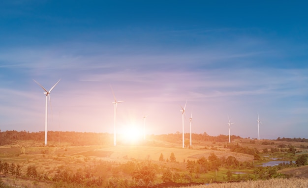 Champ d'éoliennes avec fond de ciel bleu au coucher du soleil.