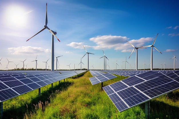 Un champ d'éoliennes avec le soleil qui brille à l'horizon.