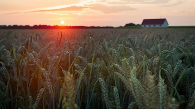 Un champ avec des épis de blé au coucher du soleil