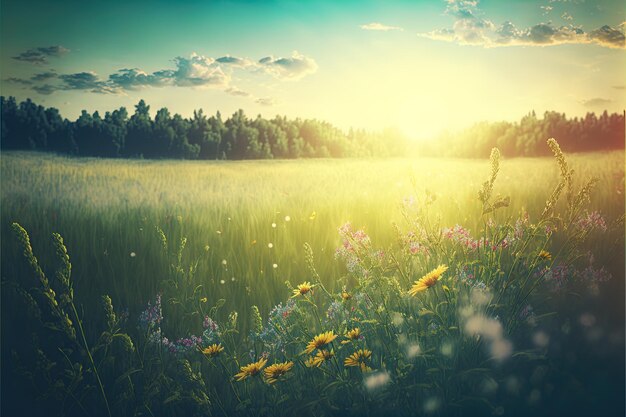 Champ d'été de prairie en journée ensoleillée avec des fleurs sauvages et des feuilles sur fond de ciel nuageux Paysage panoramique de champ d'été