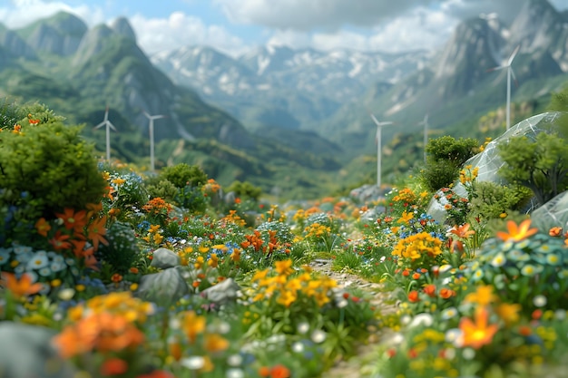 Un champ fleuri avec des moulins à vent