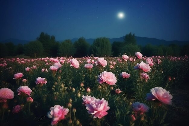 Champ fleuri de pivoines roses la nuit de pleine lune