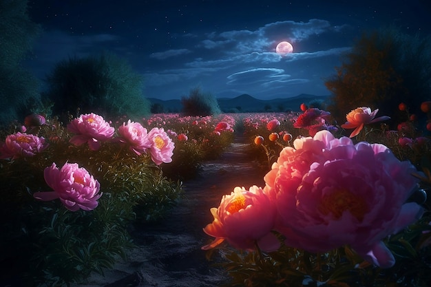 Champ fleuri de pivoines roses la nuit de pleine lune