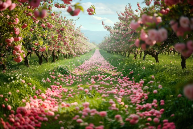 Un champ de fleurs et d'arbres roses