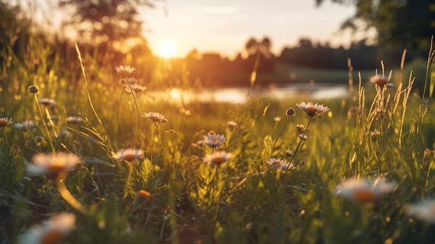 Un champ de fleurs au bord d'un lac avec le coucher de soleil derrière itgenerative ai