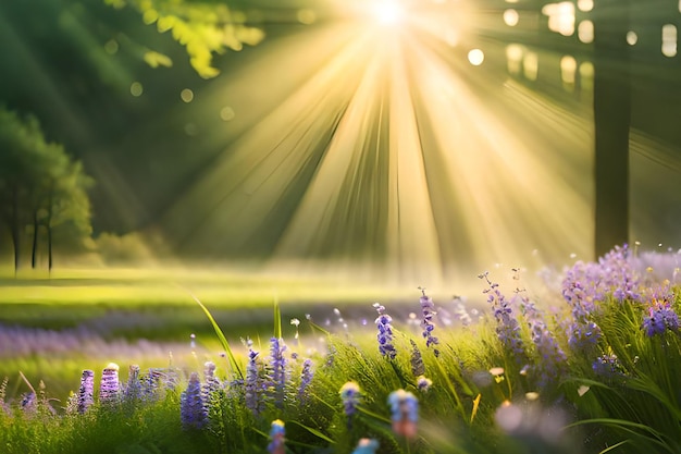 Un champ de fleurs au soleil du matin