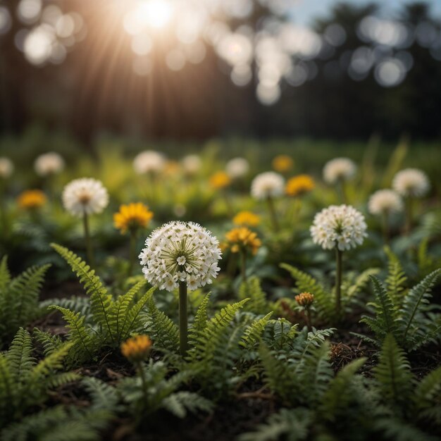 Photo un champ de fleurs blanches avec le soleil brillant à travers les arbres