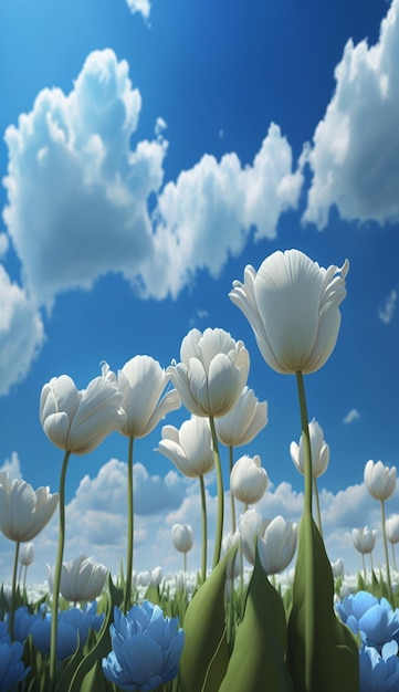 Champ de fleurs blanches sous un ciel bleu ai générative