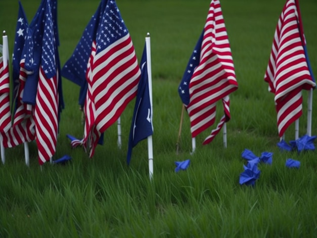 Un champ de fleurs bleues avec un drapeau américain dessus