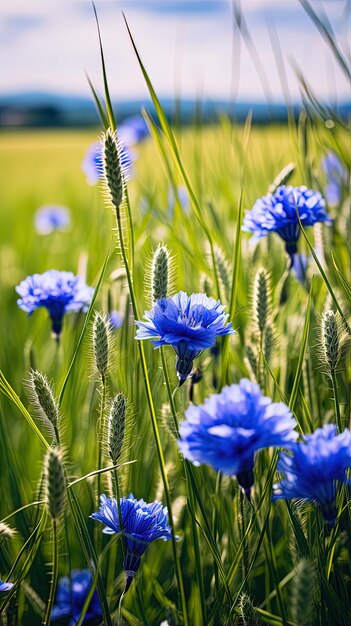 Photo un champ de fleurs bleues avec le mot blé en arrière-plan