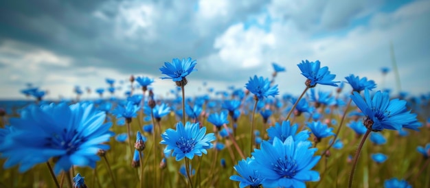 Un champ de fleurs bleues sous un ciel nuageux